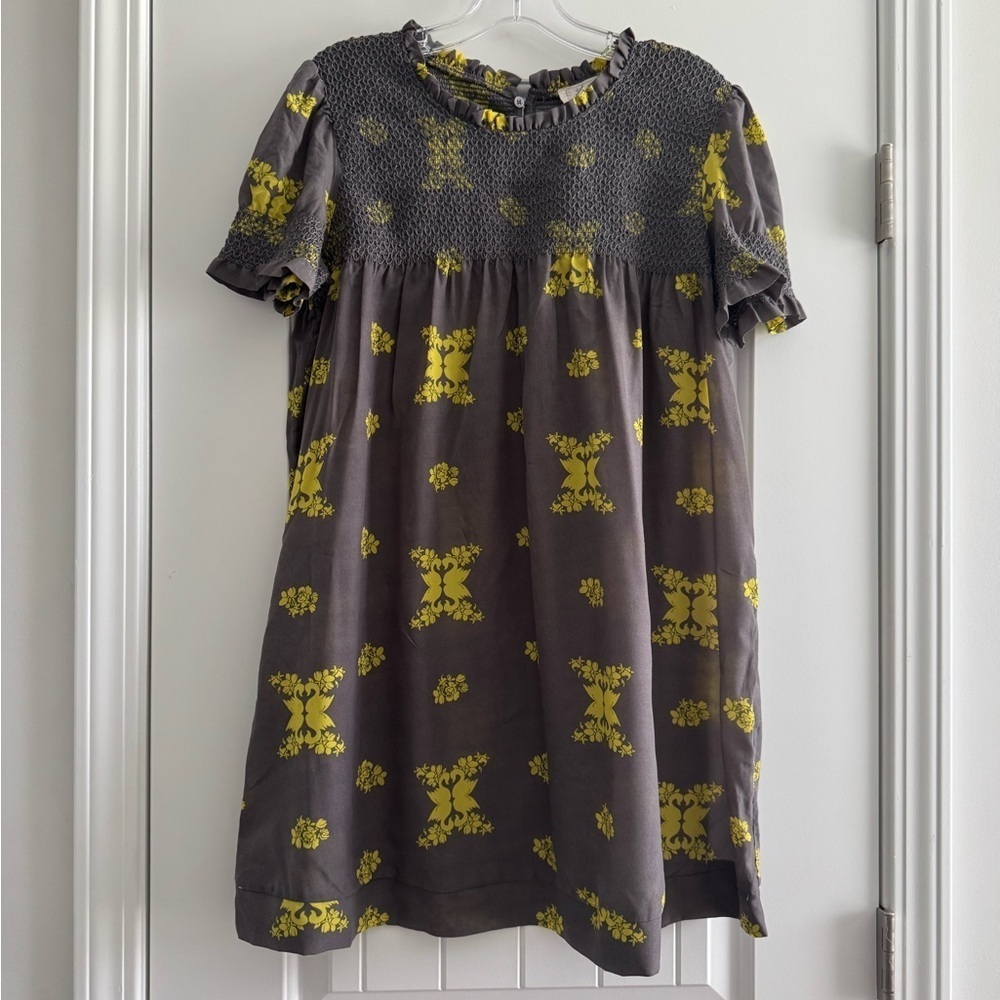 Freeway Gray and Yellow Floral Babydoll Dress short sleeves button back